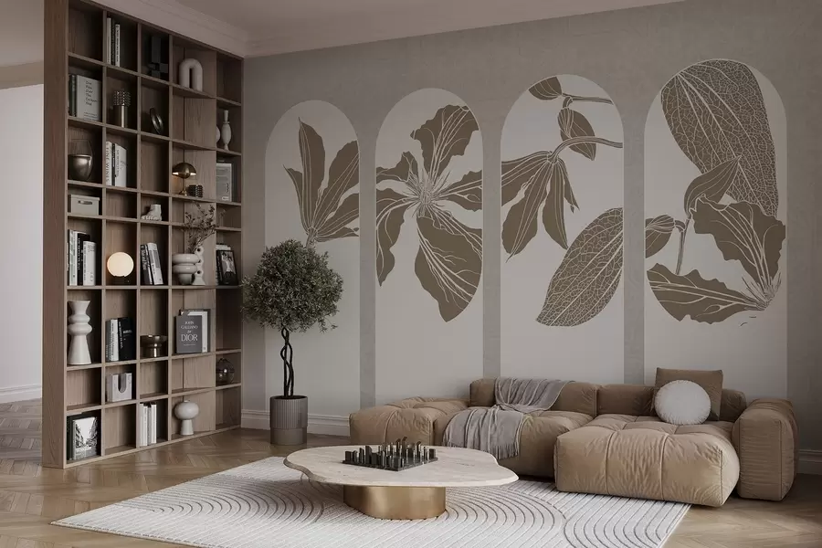 Fototapety Elegantné oblúky s kvetinovými vzormi v béžovej a bielej farbe na béžovom pozadí s textúrou, minimalistický štýl w08866