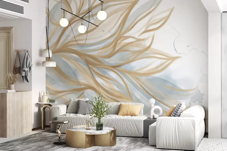 Fototapety Abstraktné žlté listy s modrým akvarelovým pozadím, mäkké a jemné, organické tvary, plynulé línie w08871