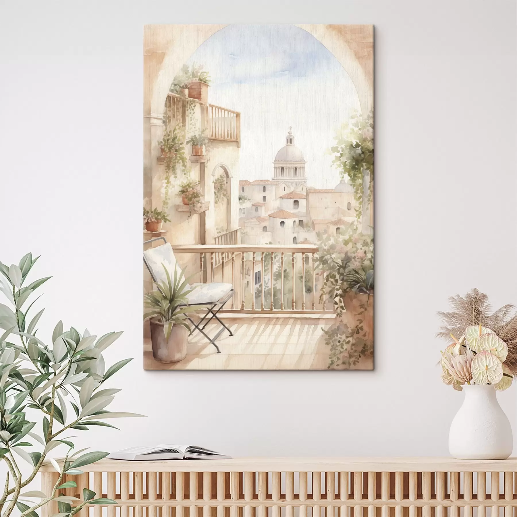 Fototapety Estetický letný balkón, Španielsko, stará architektúra, blomming, akvarel s43180