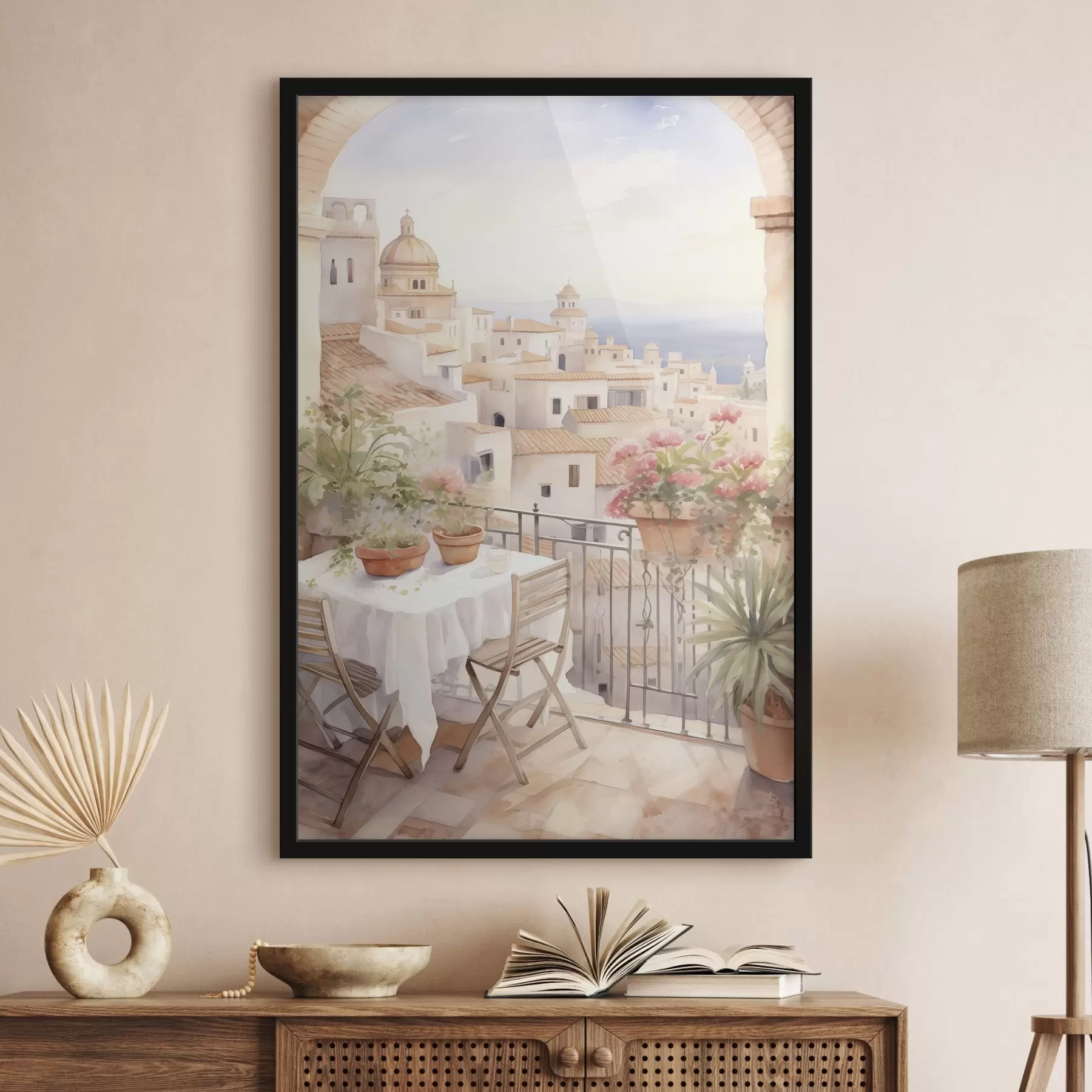 Fototapety Západ slnka na balkóne, Taliansko, architektúra, kvitnúce kvety, akvarel f43184