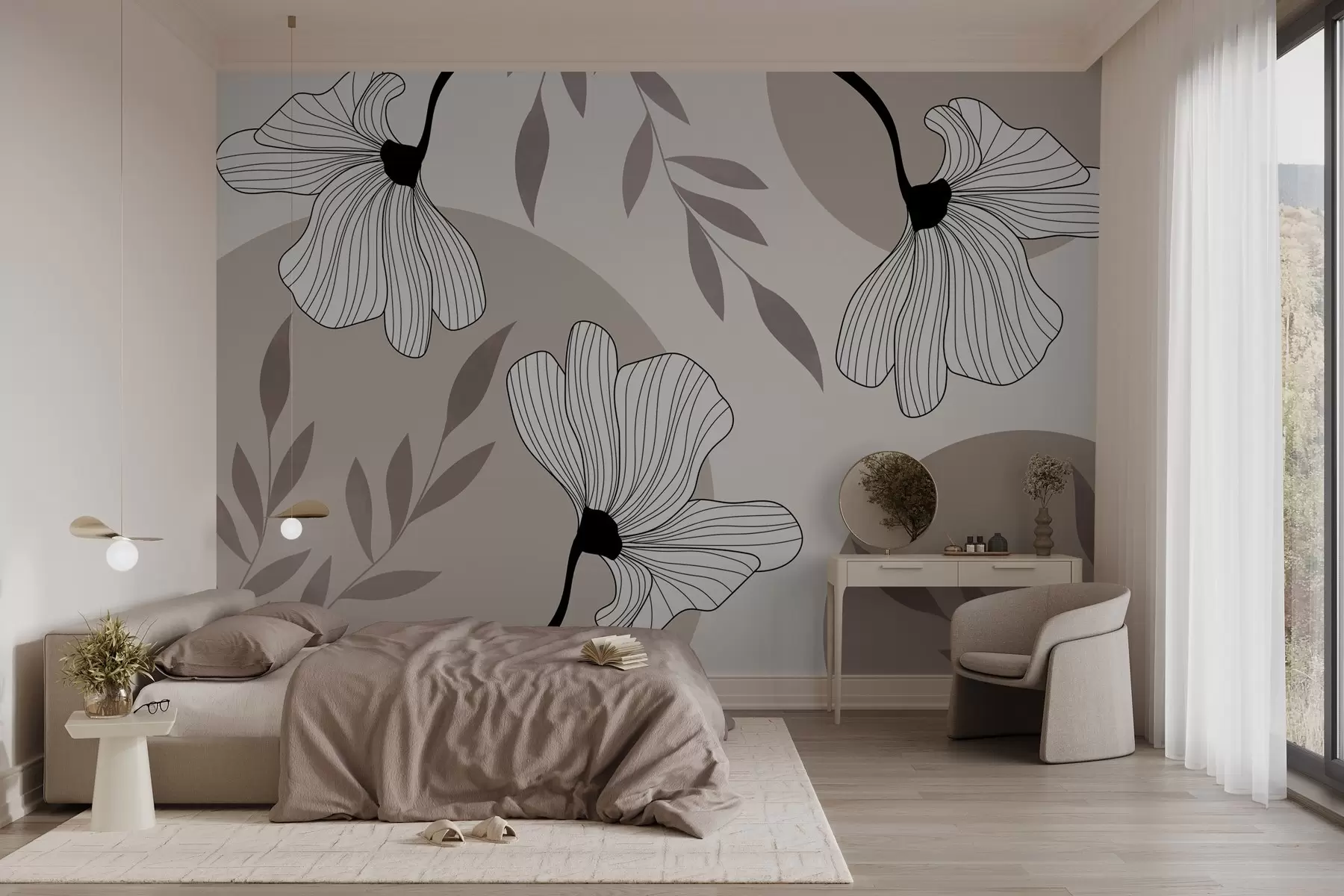 Fototapety Abstrakcia s kvetmi a listami v béžových tónoch w03328