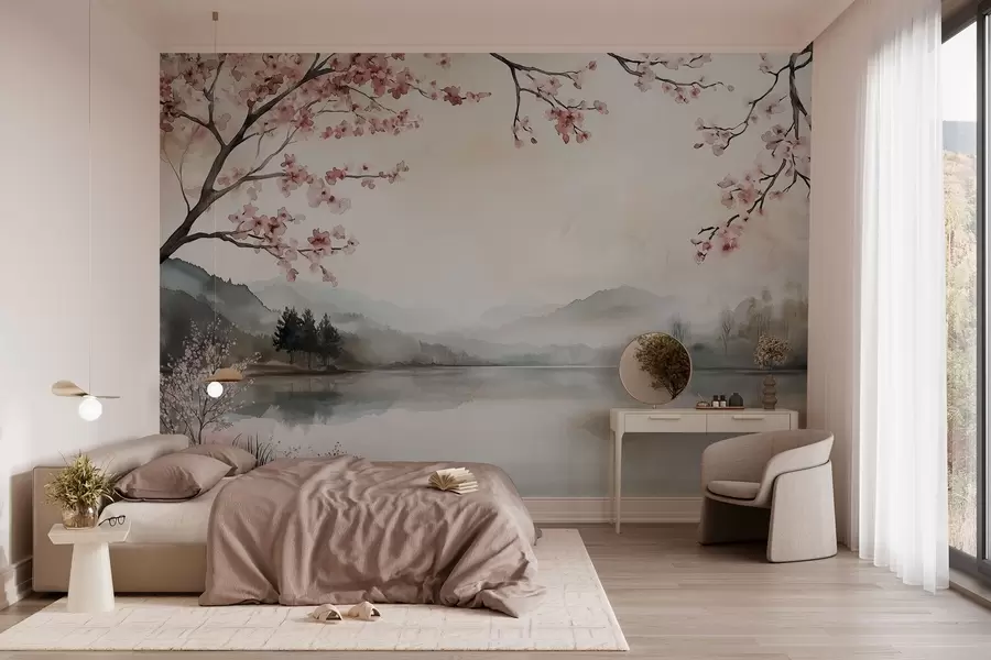 Fototapety pokojná akvarelová krajina s jazerom a kvitnúcim stromom w03282