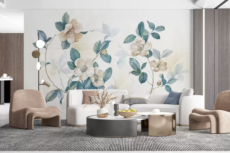 Fototapety Kvety v jemnom akvarelovom štýle s bielymi a béžovými okvetnými lístkami a zelenými listami na vetve, svetlé pozadie  w08895