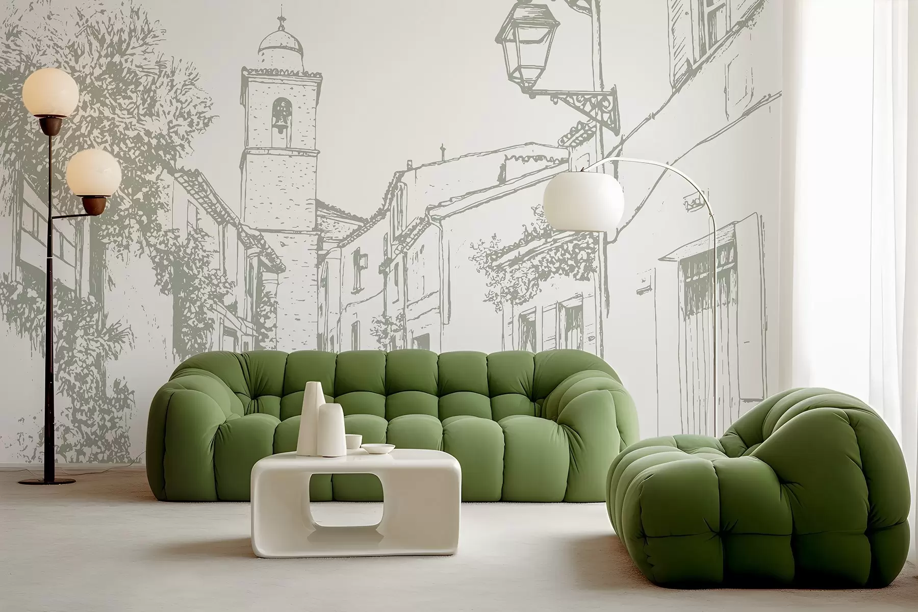 Fototapety Mestská ulica, krásna architektúra, budovy, Stredomorie, kresba, olivová farba w03345