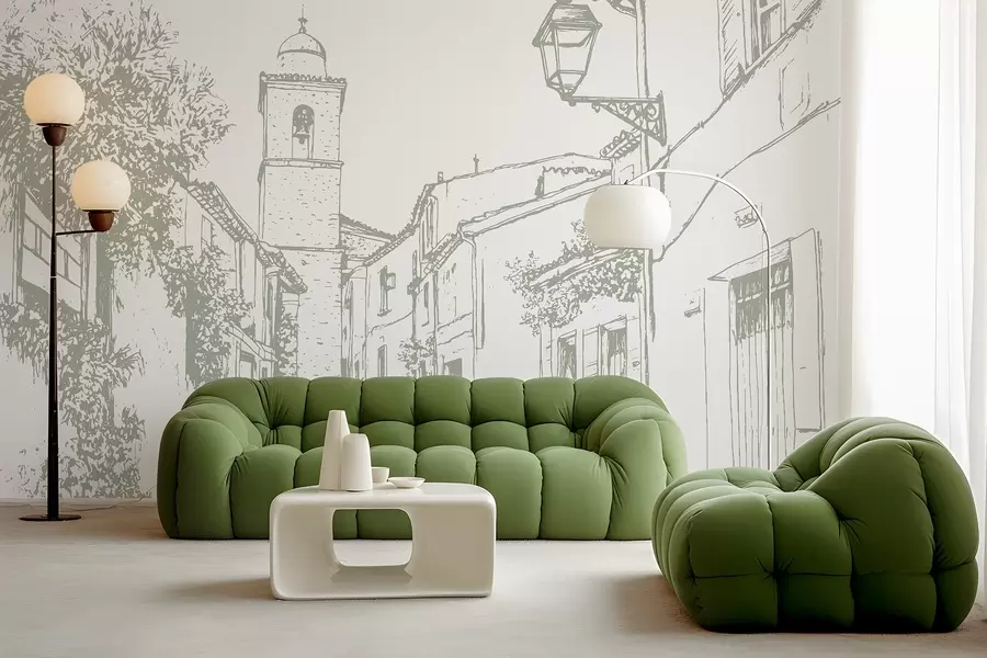 Fototapety Mestská ulica, krásna architektúra, budovy, Stredomorie, kresba, olivová farba w03345