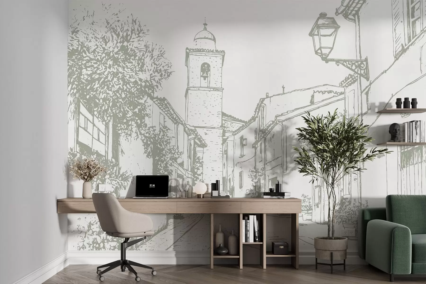 Fototapety Mestská ulica, krásna architektúra, budovy, Stredomorie, kresba, olivová farba w03345