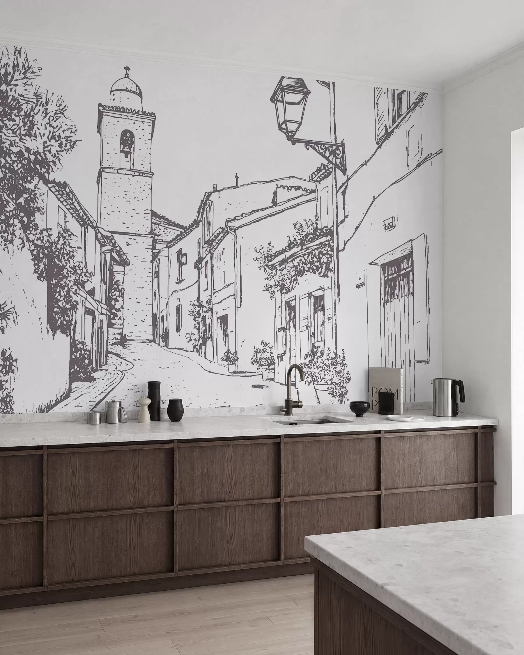 Fototapety Mestská ulica, krásna architektúra, budovy, Stredomorie, kresba, béžová farba w03345v1