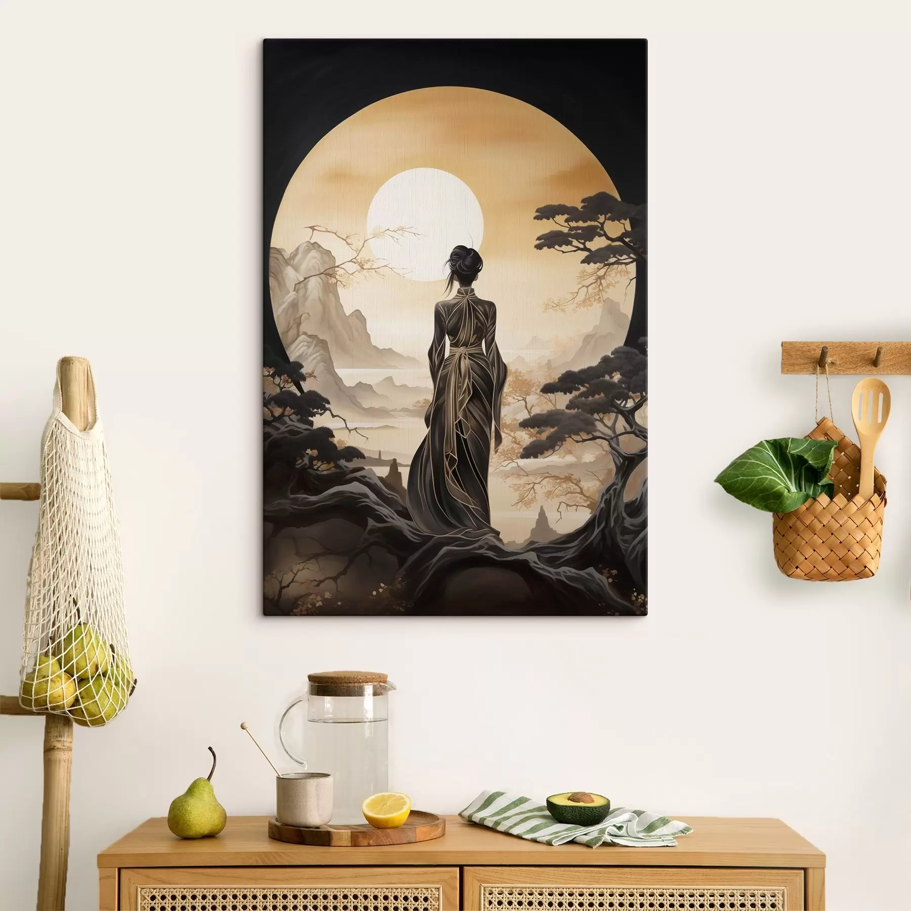 Obraz Ľudia, Japonsko, dievča pri západe slnka na pozadí sakúr a hôr s43256