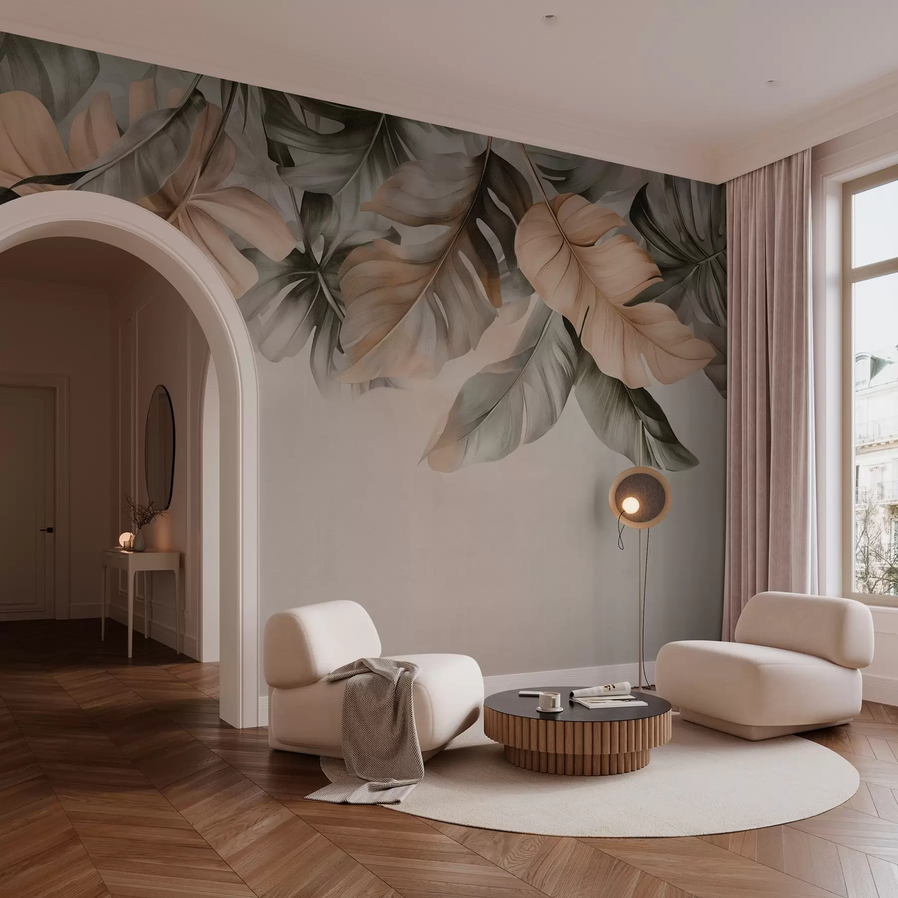 Fototapety Tropické listy visiace z hornej časti na textúrovanom pozadí w03290