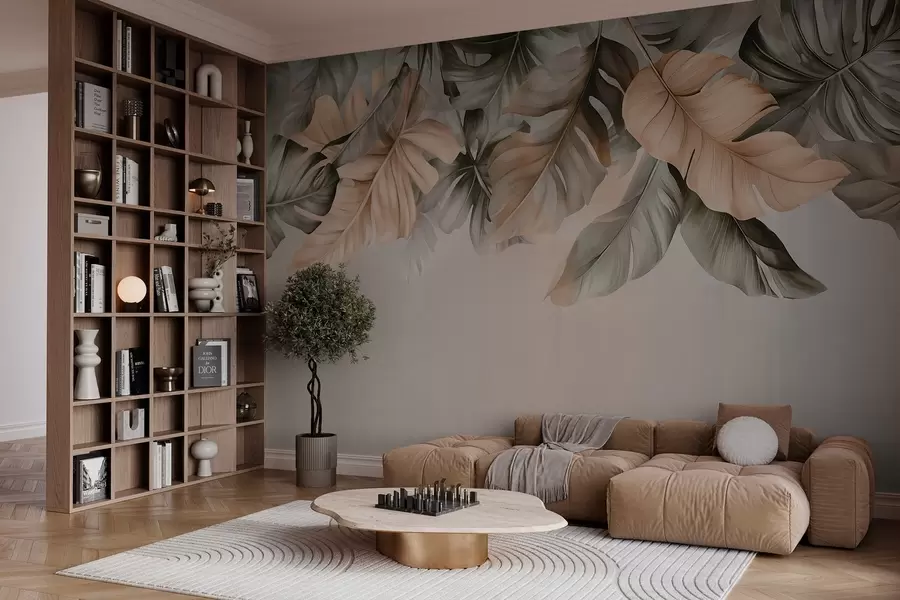 Fototapety Tropické listy visiace z hornej časti na textúrovanom pozadí w03290