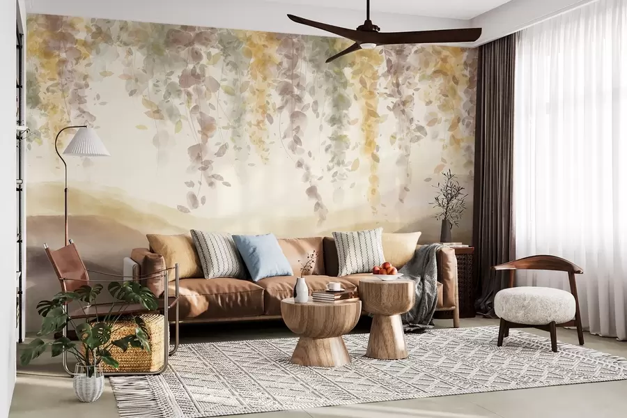 Fototapety Listy vistárie visiace nad modrými horami, jemné pastelové žlté a hnedé farby, akvarelový štýl krajiny w08909v1