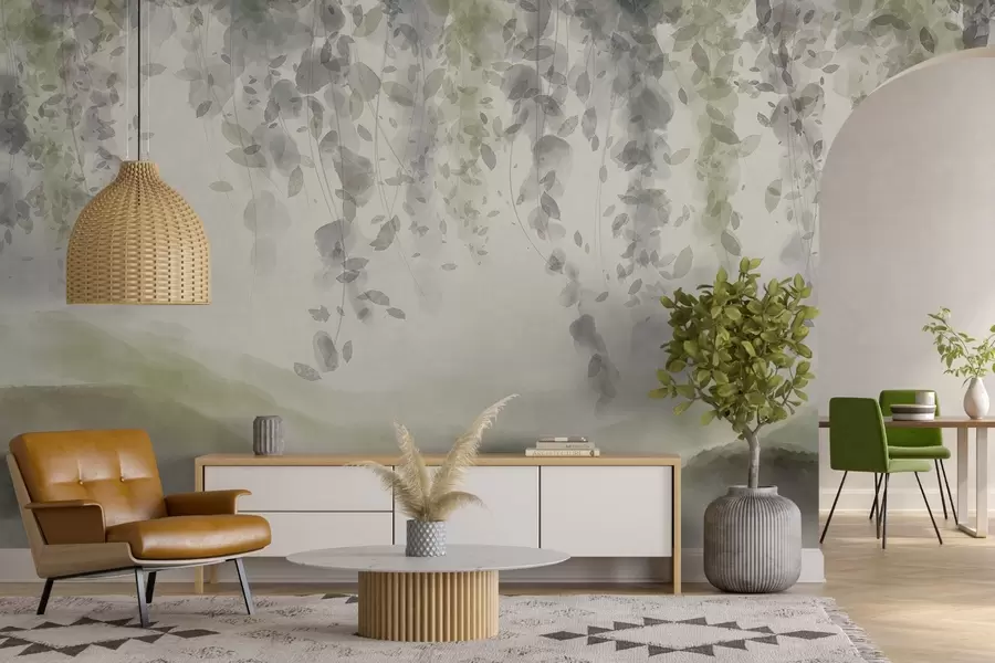 Fototapety Listy vistárie visiace nad modrými horami, jemné pastelové zelené a béžové farby, akvarelový štýl krajiny w08909v2