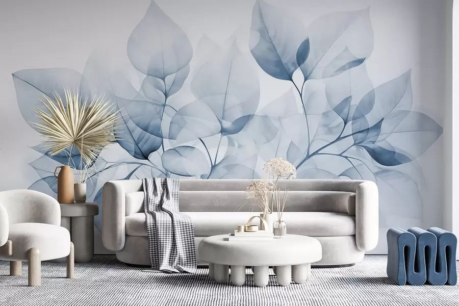 Fototapety Akvarelová maľba priesvitných listov v pastelových farbách s odtieňmi bielej a modrej w08910v1