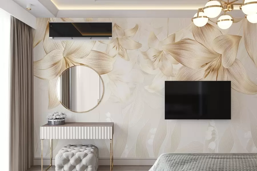 Fototapety Žlté ľalie so zložitými detailmi línií, elegantné kvetinové aranžmá, neutrálna farebná paleta w08912