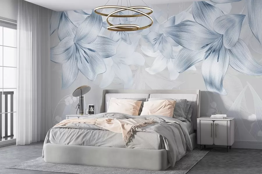 Fototapety Modré ľalie so zložitými líniovými detailmi, elegantné kvetinové aranžmá, neutrálna farebná paleta w08912v1