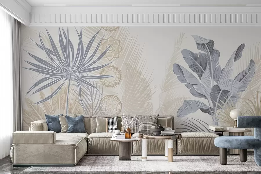 Fototapety Tropické listy v modrých a béžových tónoch, palmové listy, banánové listy a mandalové ornamenty, svetlé pozadie w08913v2