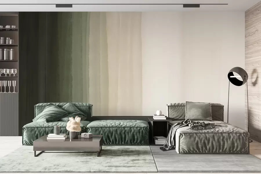Fototapety Abstraktná minimalistická gradientná potlač s vertikálnymi pruhmi tmavozelenej, béžovej a bielej farby  w08915