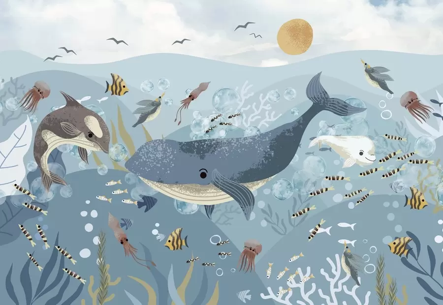 Fototapety Detská ilustrácia s modrou veľrybou obklopenou rybami, chobotnicami a medúzami v modrom oceáne s bublinami w08921