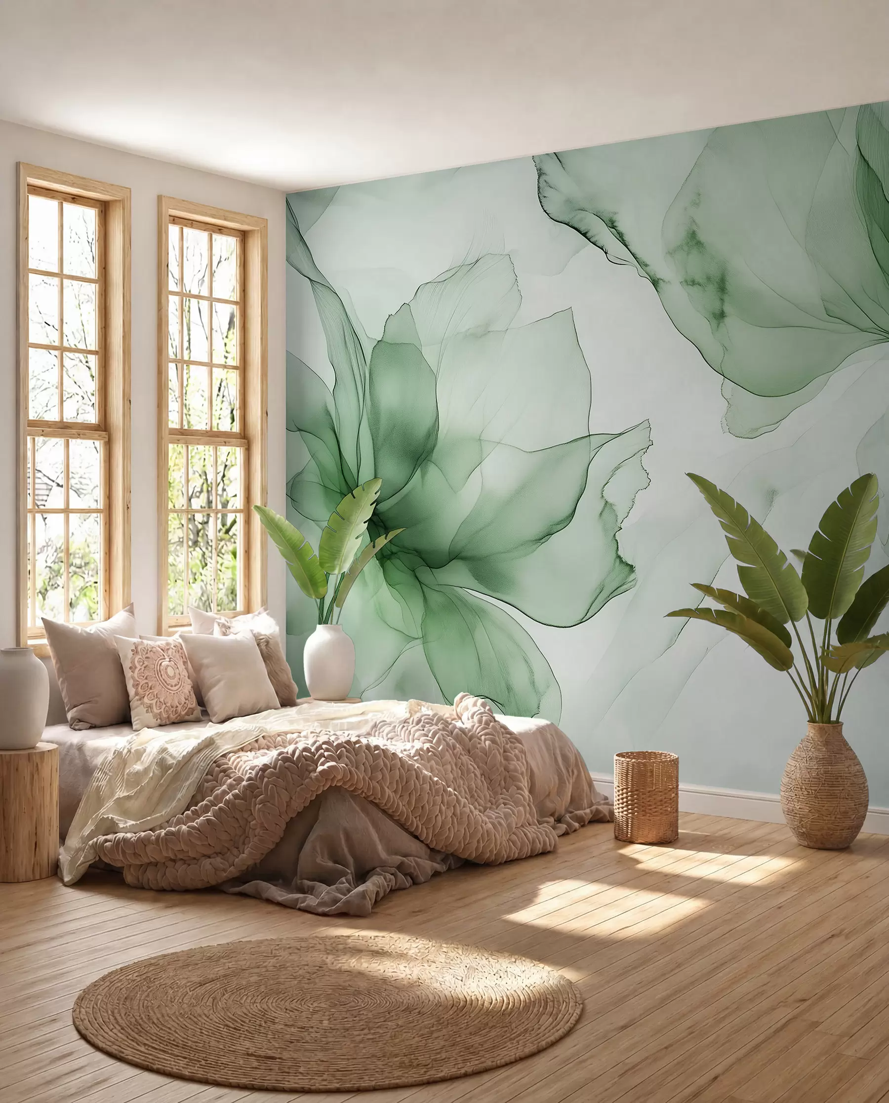 Fototapety Fluidný štýl kvety, kvetinová abstrakcia, akvarel, zelená paleta farieb  w03406