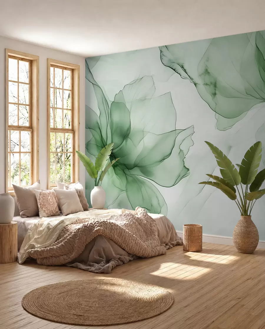 Fototapety Fluidný štýl kvety, kvetinová abstrakcia, akvarel, zelená paleta farieb  w03406