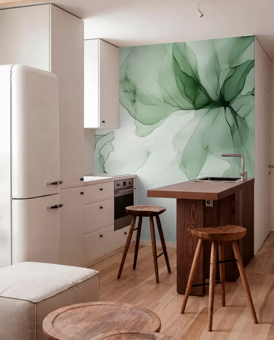 Fototapety Fluidný štýl kvety, kvetinová abstrakcia, akvarel, zelená paleta farieb  w03406