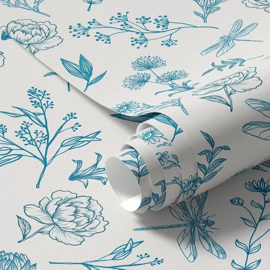 Fototapety Modré kvety, listy a vážky na bielom pozadí a00025 - Uwalls.sk Fototapety Modré kvety, listy a vážky na bielom pozadí a00025