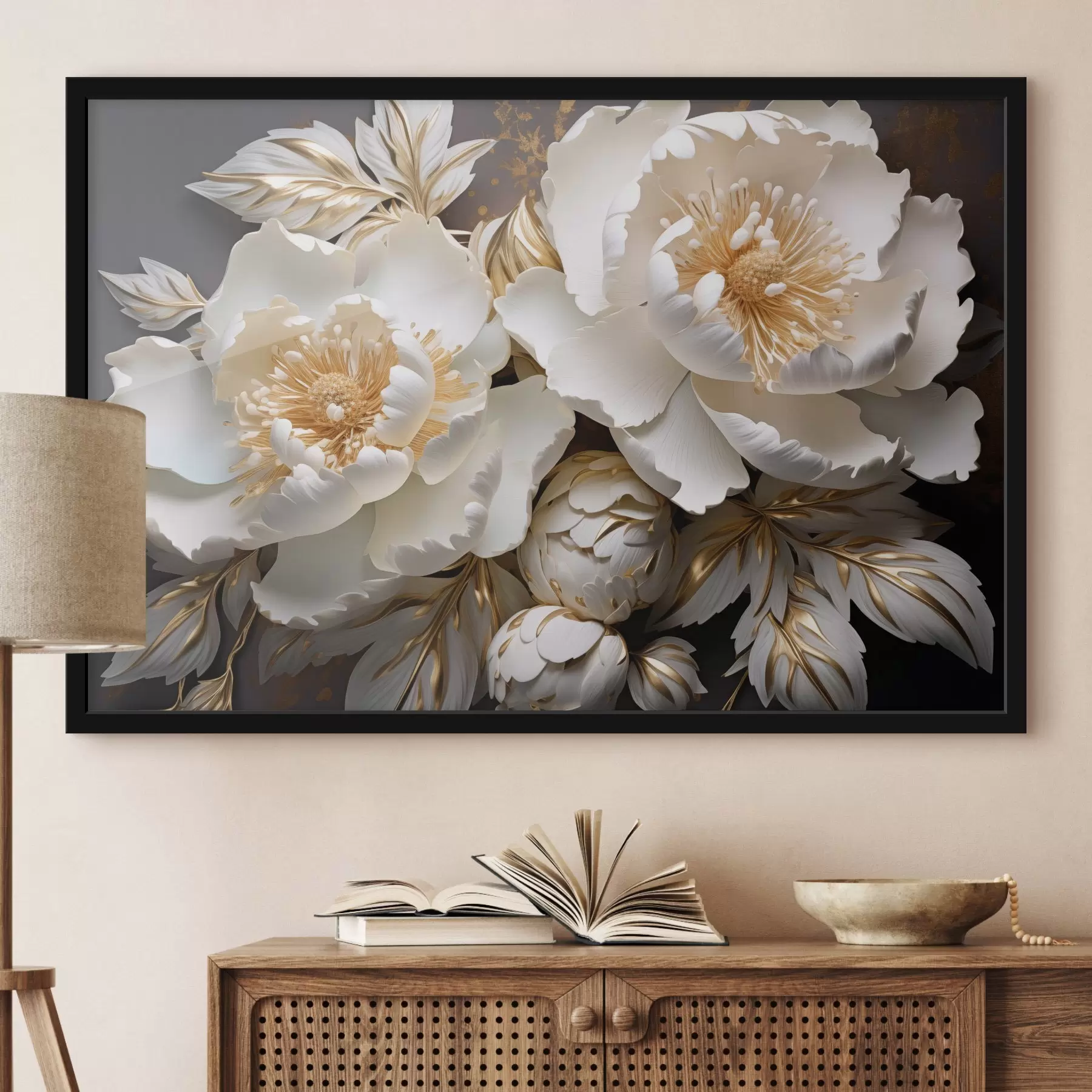 Fototapety Biele a žlté pivonky s listami, zložité detaily, dekoratívne umenie, tmavé pozadie f43399