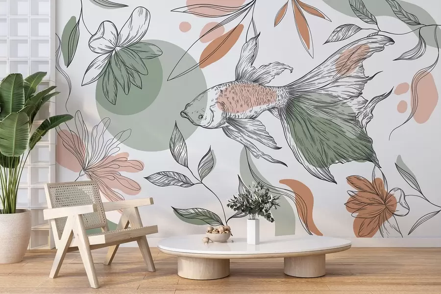 Fototapety Čiarková kresba ryby s kvetmi, minimalizmus, morské, kvetinové, prírodné farby w03448