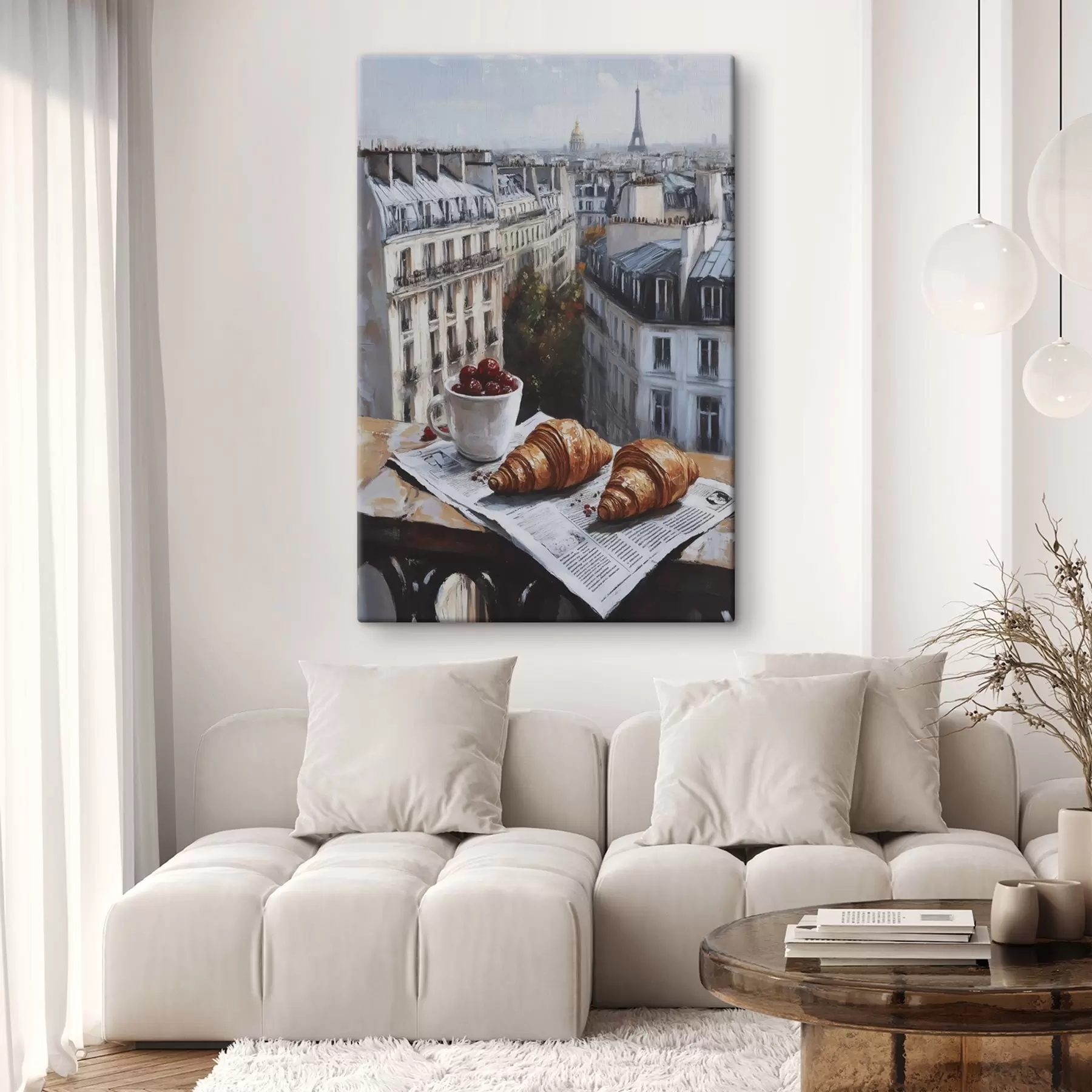 Fototapety Paríž ráno, káva s croissantmi, pohľad na mesto, olejová kresba s43892