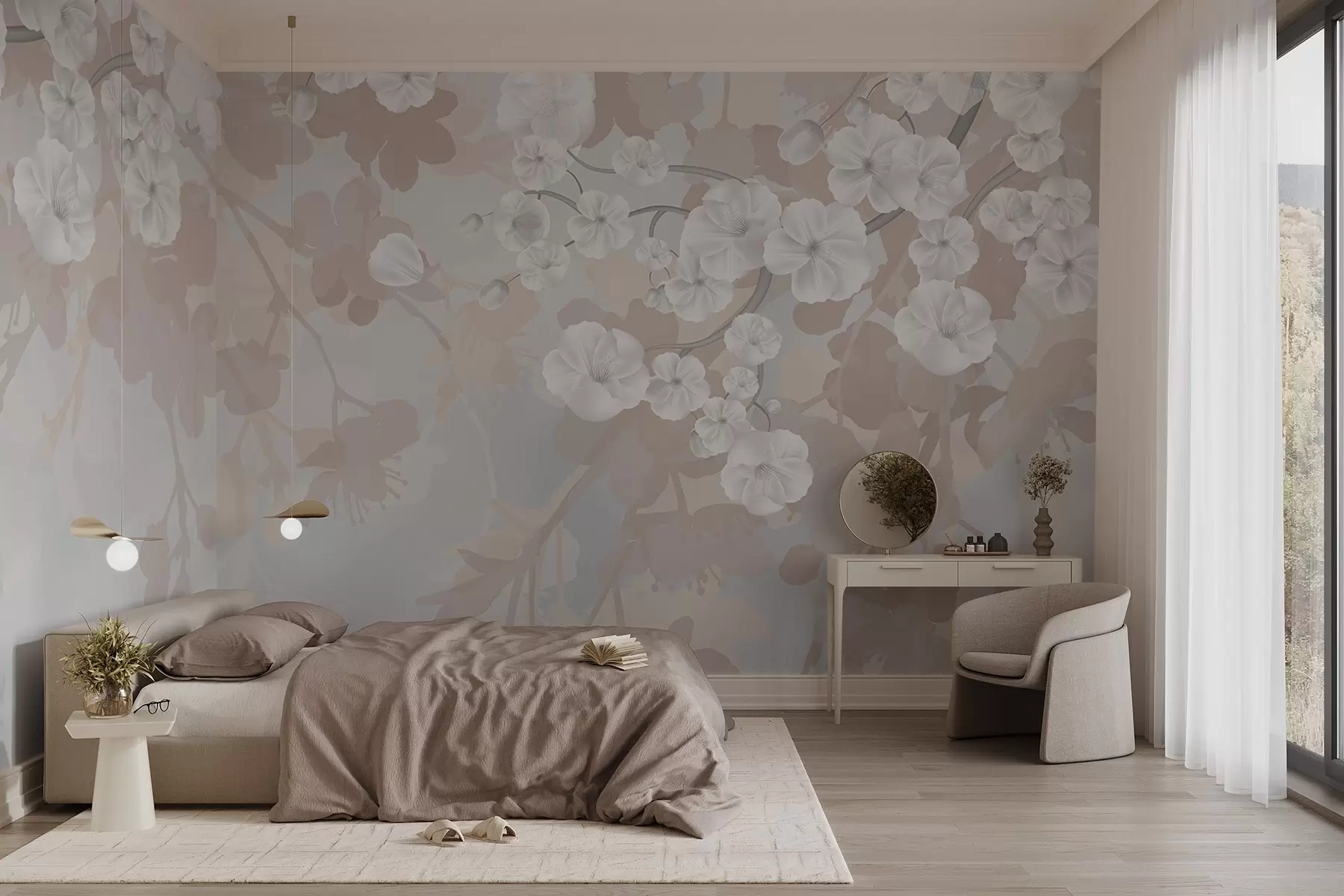 Fototapety Vetvičky čerešňových kvetov s bielymi kvetmi a sivými listami na elegantných kvetinových siluetách v jemných pastelových farbách w08973