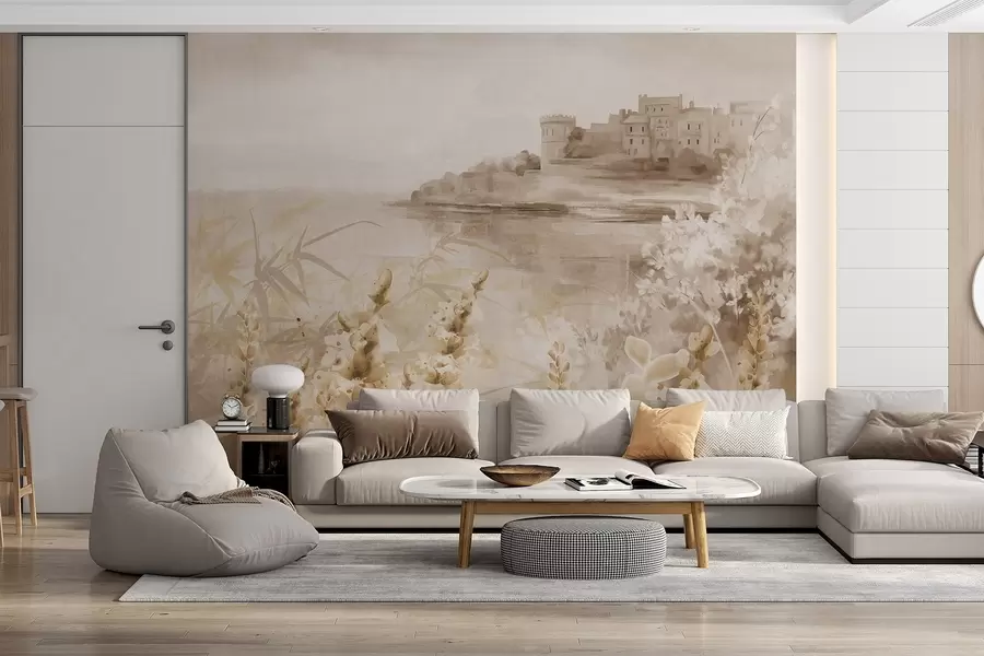 Fototapety Textúrovaná vintage krajina s hradom na útese s výhľadom na more, s levanduľovými kvetmi v tlmených farbách w08975v1