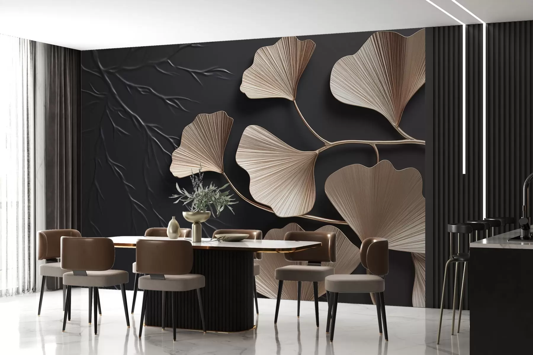 Fototapety Objemové lístie na tmavej stene s vetvami w03650