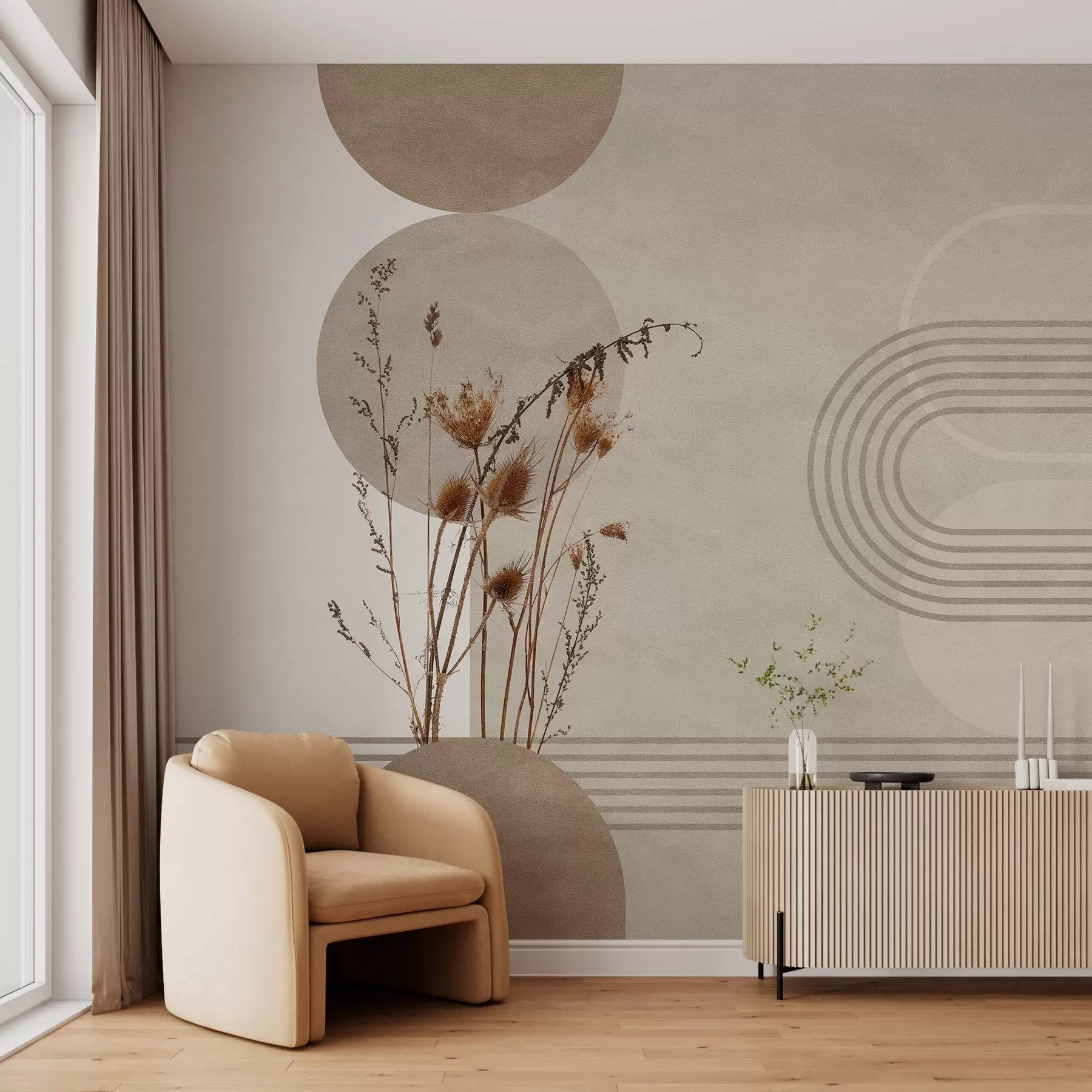 Fototapety štýlová geometria a sušené kvety v béžových tónoch w03449