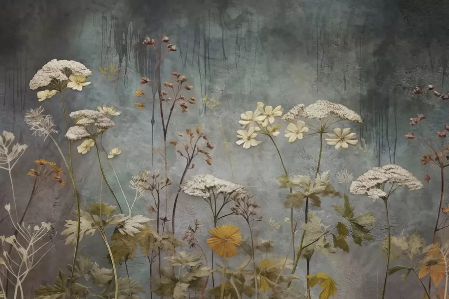 Fototapety Divoké kvety a trávy na pozadí grunge steny w03697