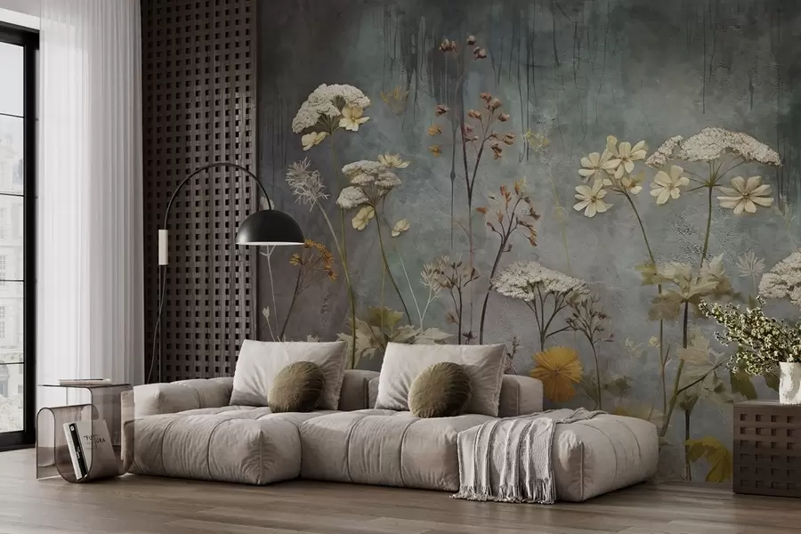 Fototapety Divoké kvety a trávy na pozadí grunge steny w03697