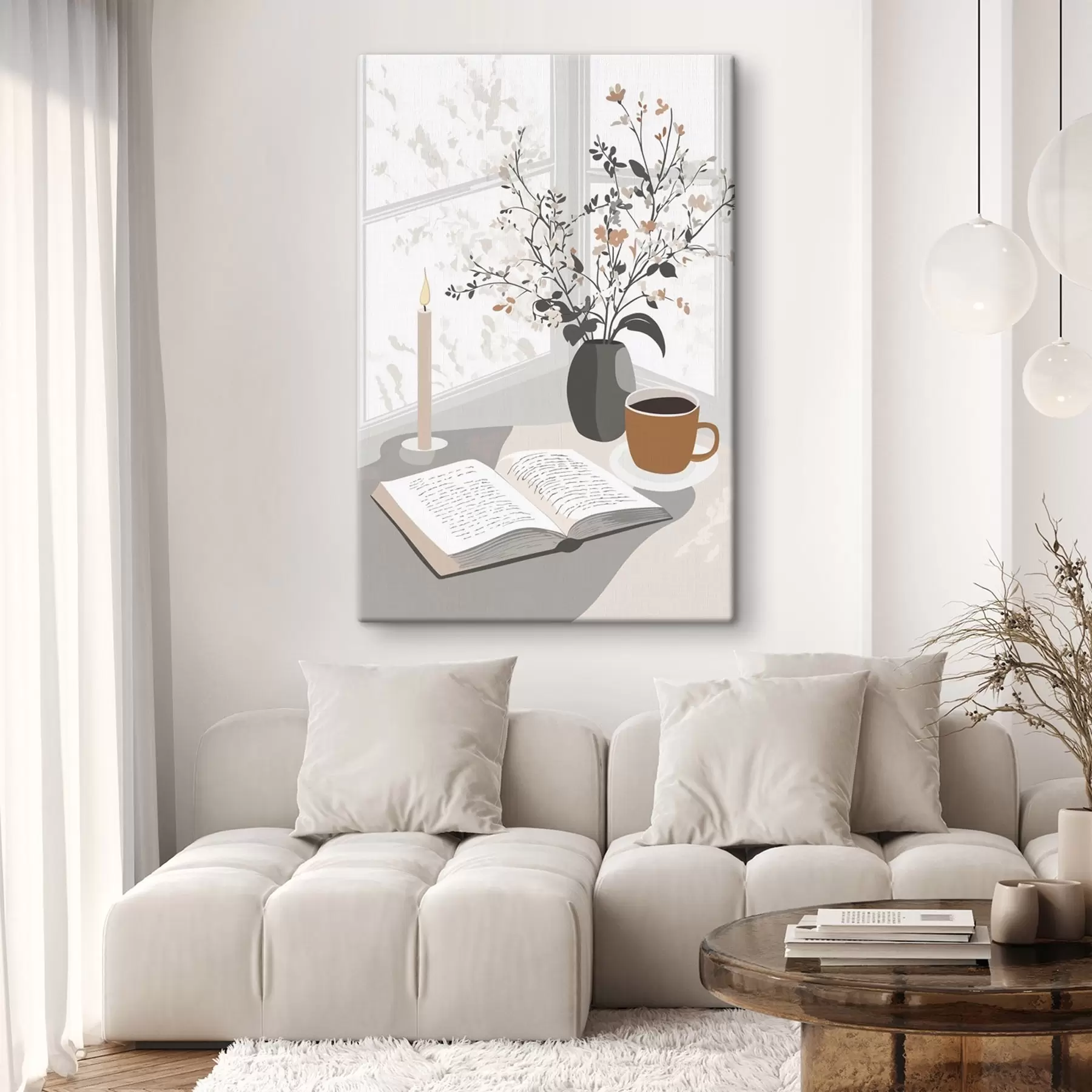 Obraz Abstrakcia, otvorená kniha, váza s kvetmi, sviečka, béžové farby s44011