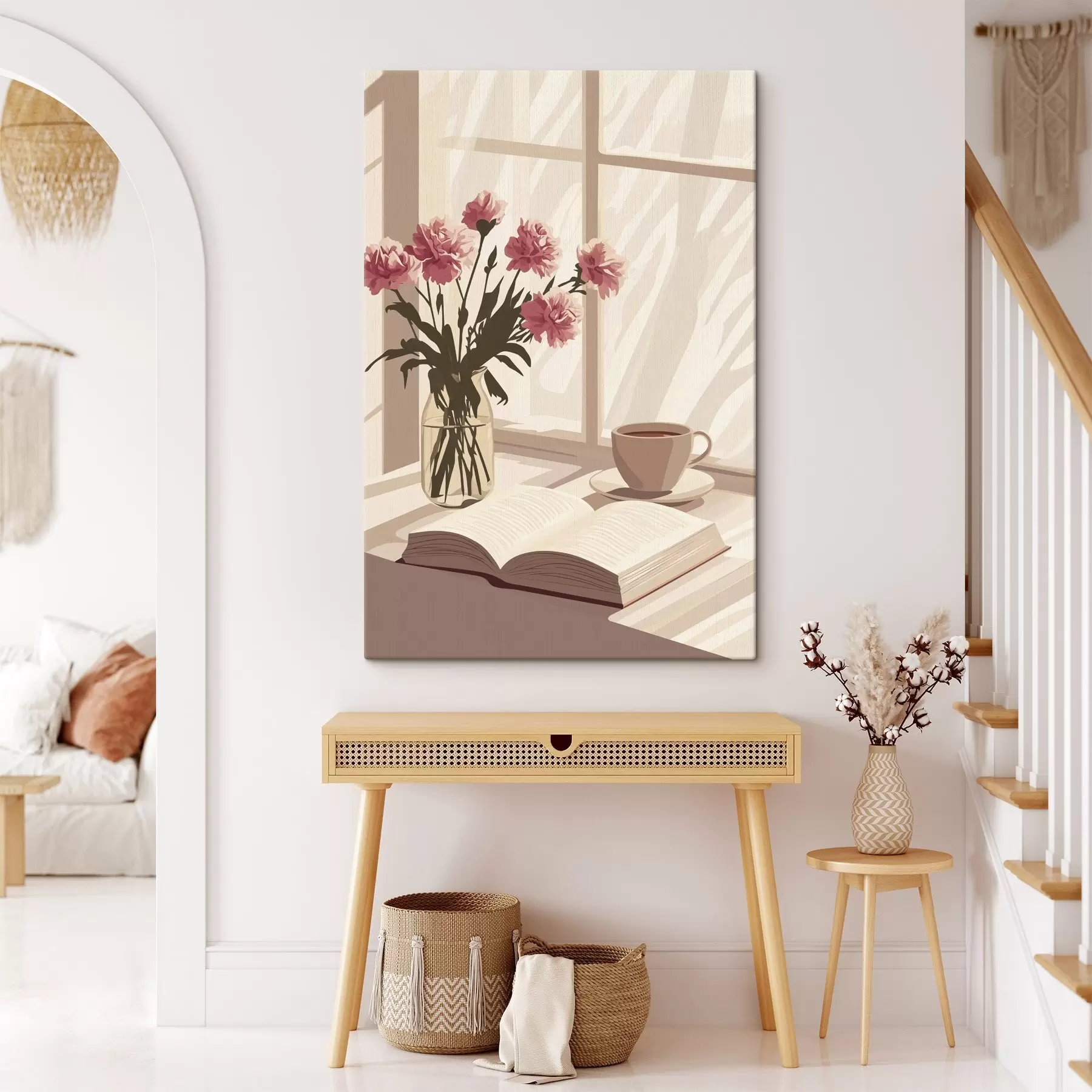 Obraz Ranná estetika, šálka kávy, kniha, kvety klinčekov s44012