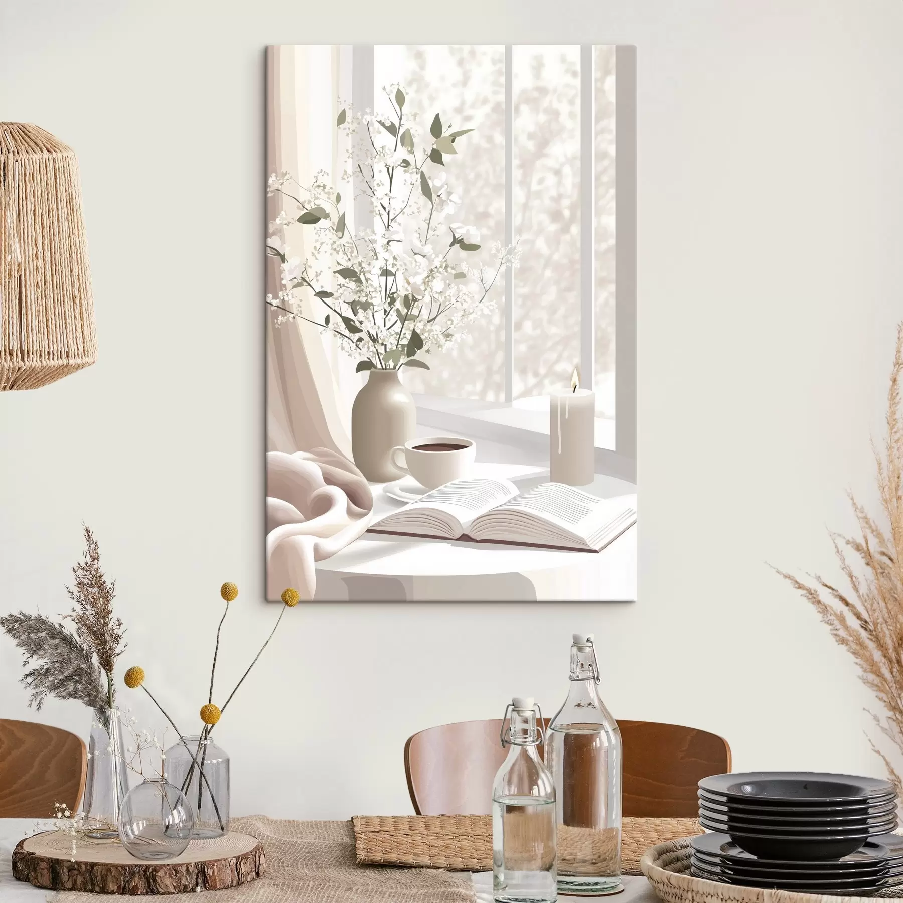 Fototapety Jarné ráno s kávou a kvetmi, jemné pastelové farby s44015
