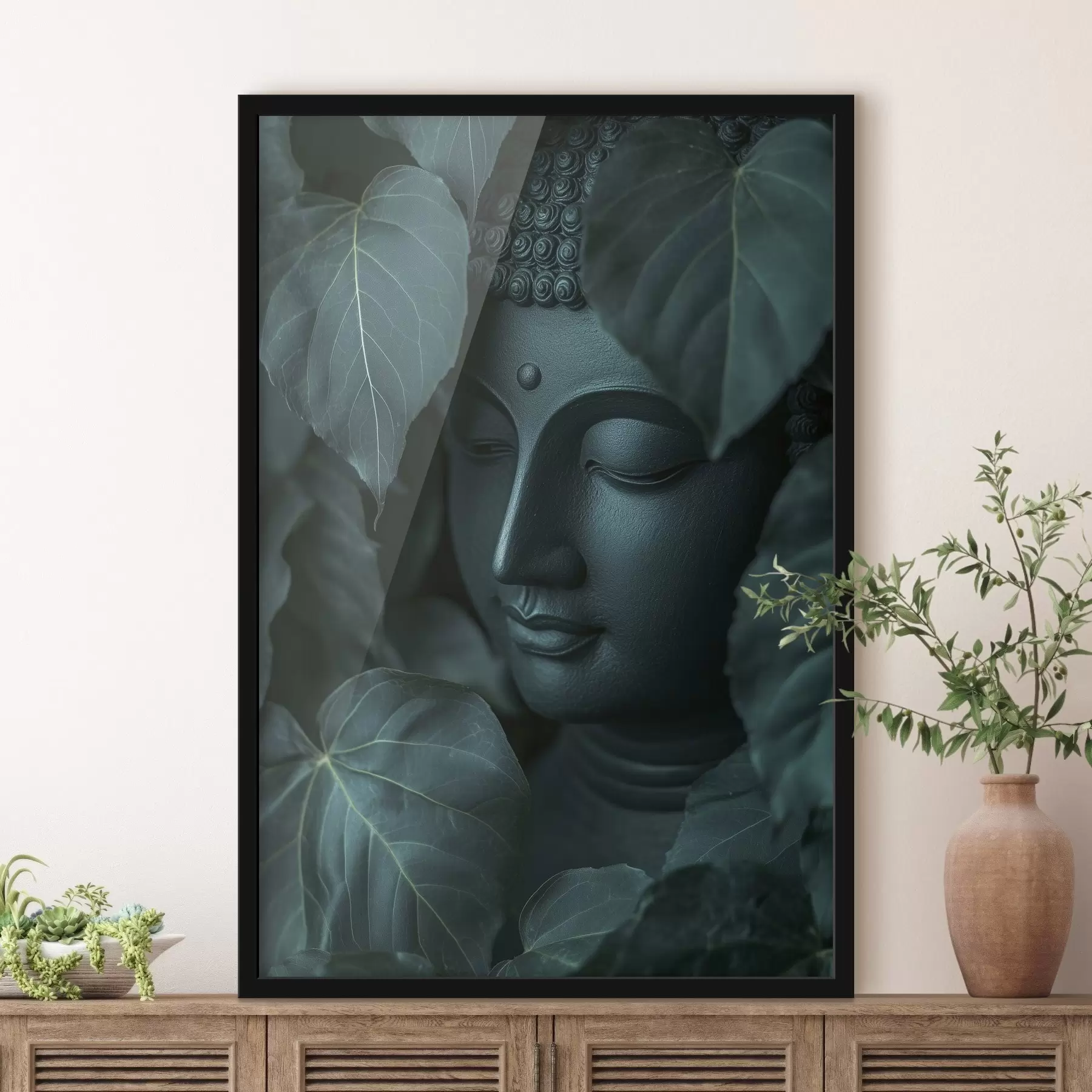 Fototapety Budha v zelených listoch, budhizmus, tropický, realizmus f44004