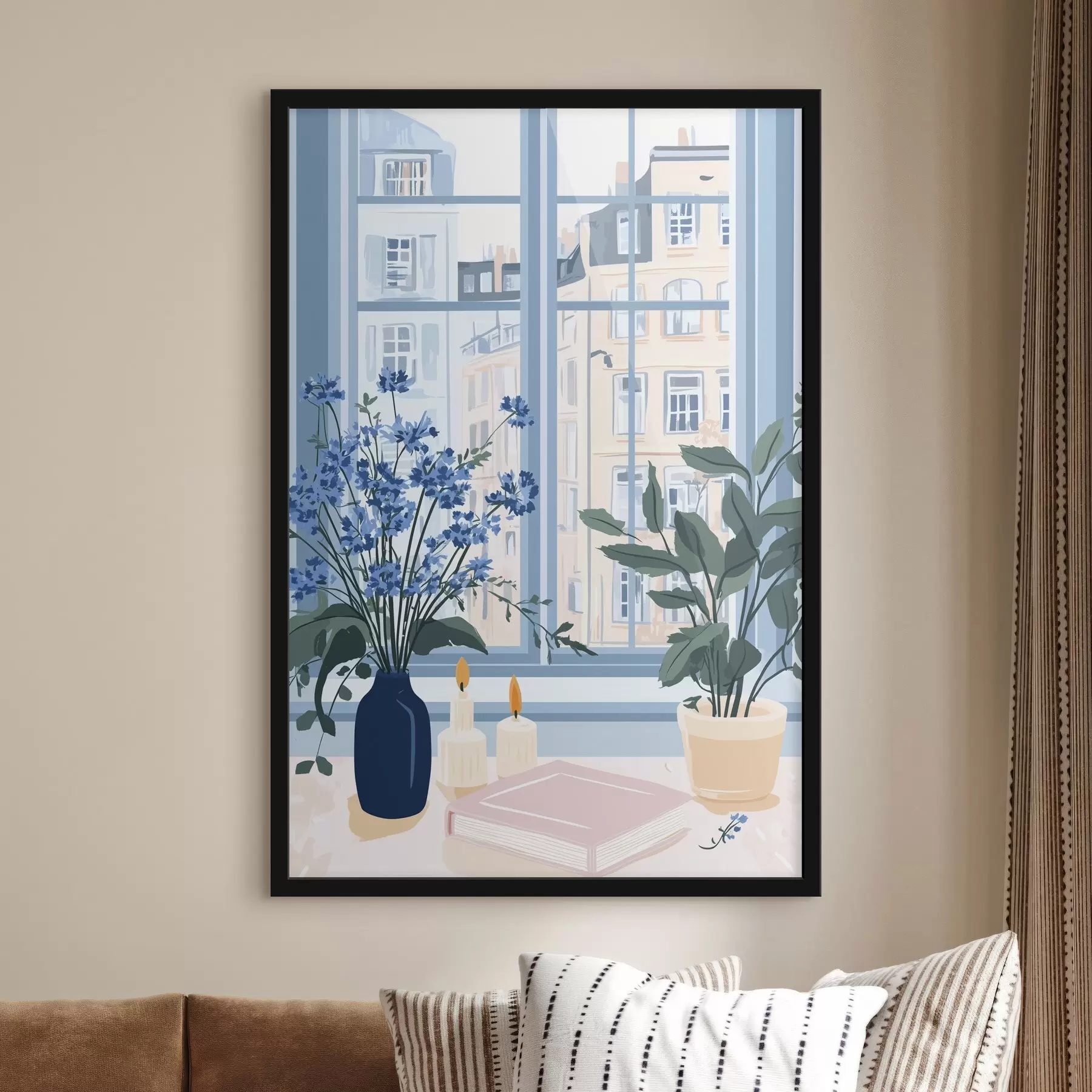 Obraz Útulný dom s kvetmi a výhľadom z okna, architektúra, modré farby f44010