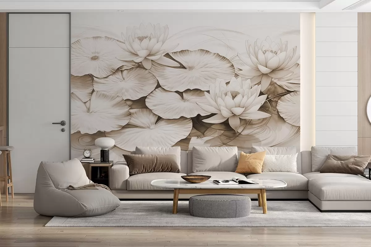 Fototapety Lekná a lekná v rybníku, hnedá a biela imitácia kresby ceruzkou, detailná botanická ilustrácia, prírodné umenie w09006v2