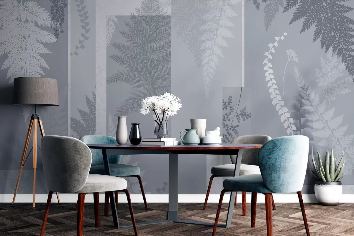 Fototapety Listy papradia v modrej a bielej farbe usporiadané do zvislých pruhov, ktoré vytvárajú botanickú a minimalistickú potlač, jemné a tlmené farby w09007v1 - Uwalls.sk Fototapety Listy papradia v modrej a bielej farbe usporiadané do zvislých pruhov, ktoré vytvárajú botanickú a minimalistickú potlač, jemné a tlmené farby w09007v1