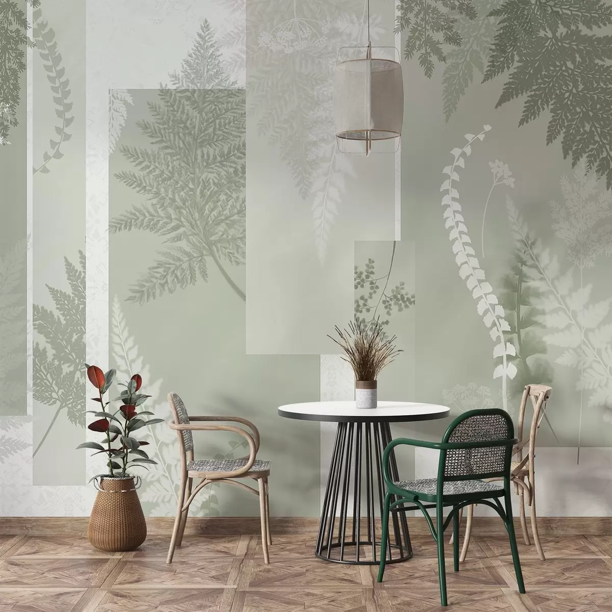 Fototapety Listy papradia v zelenej a bielej farbe usporiadané do zvislých pruhov, ktoré vytvárajú botanickú a minimalistickú potlač, jemné a tlmené farby w09007v2 - Uwalls.sk Fototapety Listy papradia v zelenej a bielej farbe usporiadané do zvislých pruhov, ktoré vytvárajú botanickú a minimalistickú potlač, jemné a tlmené farby w09007v2