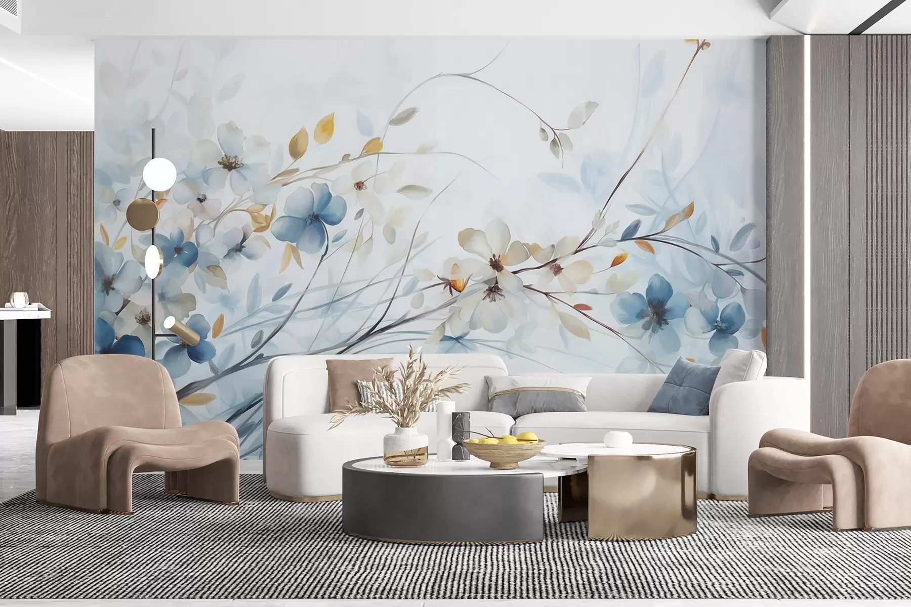 Fototapety Kvetinové aranžmá s modrými, oranžovými listami a bielymi kvetmi, jemné okvetné lístky, tenké vetvičky, jemné farby, akvarelový efekt w09009