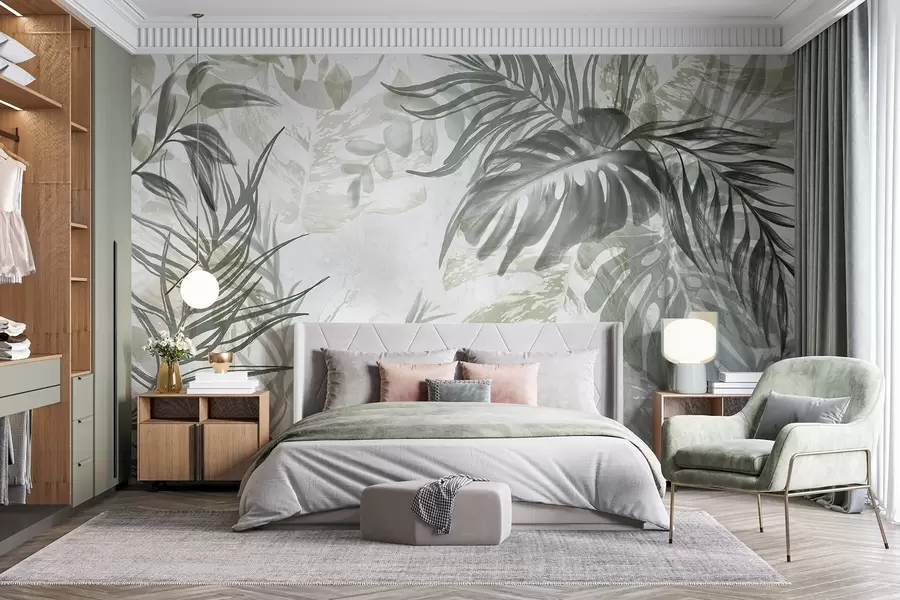 Fototapety Monstera a palmové listy v odtieňoch zelenej a sivej, botanické, tropické lístie, rastliny džungle, textúrované pozadie w09011