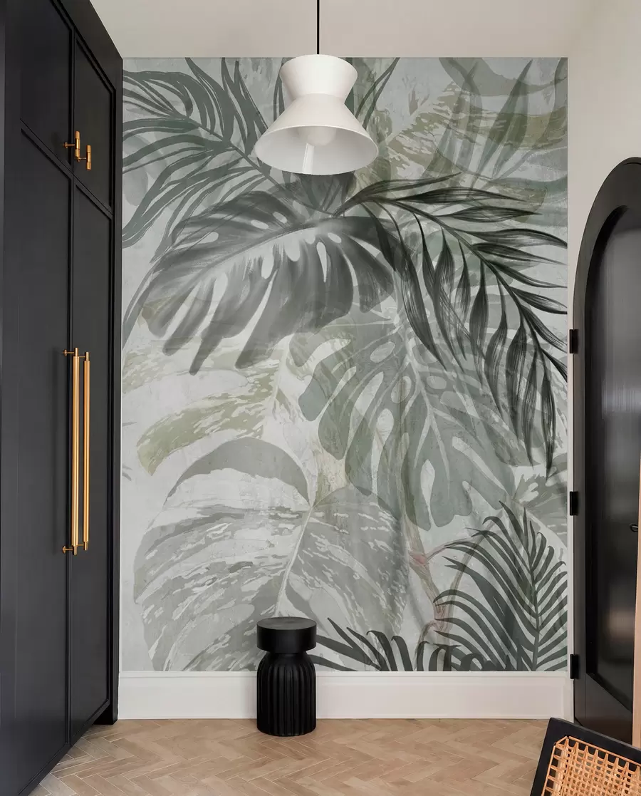 Fototapety Monstera a palmové listy v odtieňoch zelenej a sivej, botanické, tropické lístie, rastliny džungle, textúrované pozadie w09011