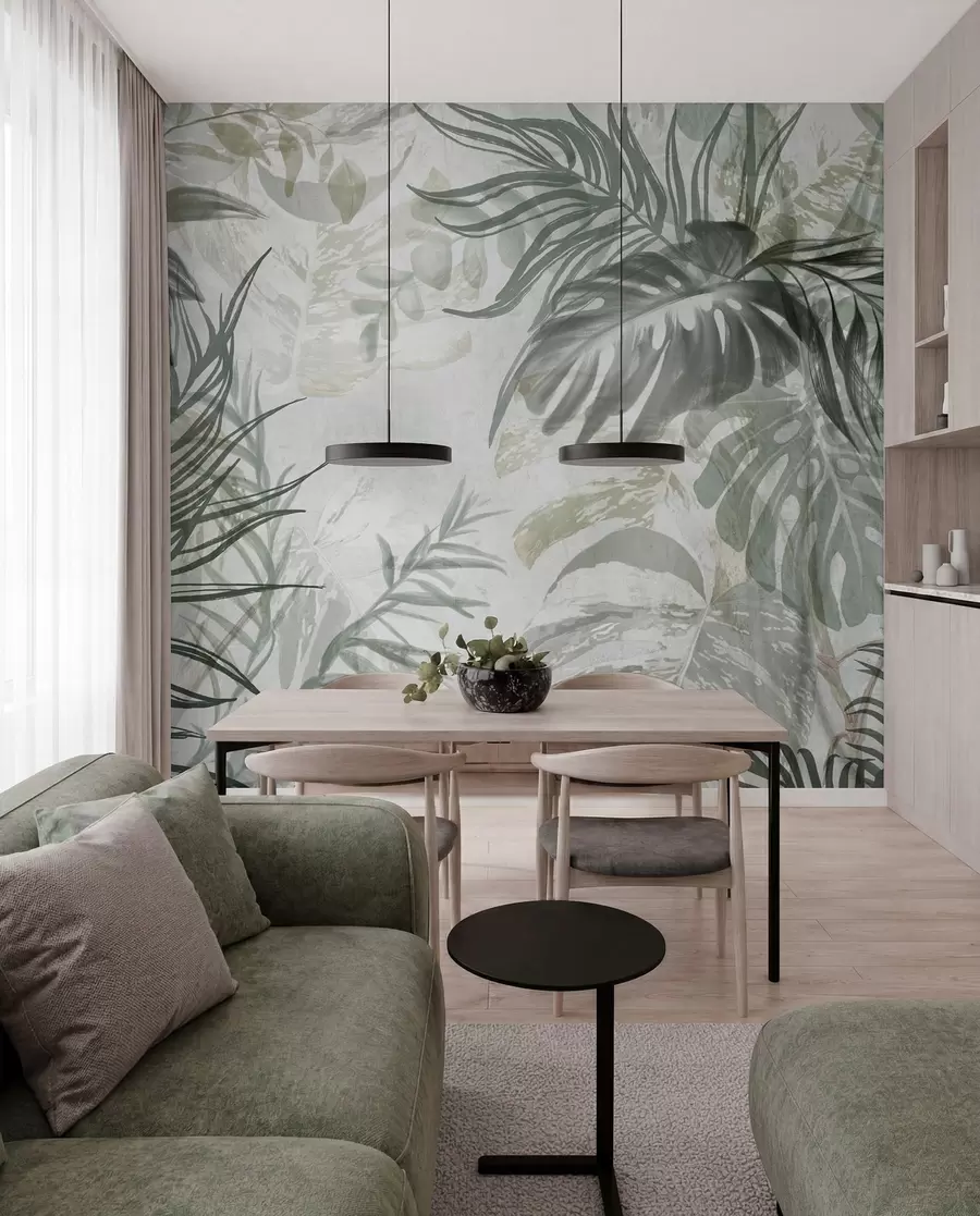 Fototapety Monstera a palmové listy v odtieňoch zelenej a sivej, botanické, tropické lístie, rastliny džungle, textúrované pozadie w09011