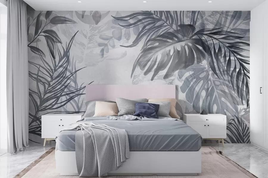 Fototapety Monstera a palmové listy v odtieňoch modrej a sivej, botanické, tropické lístie, rastliny džungle, textúrované pozadie w09011v1