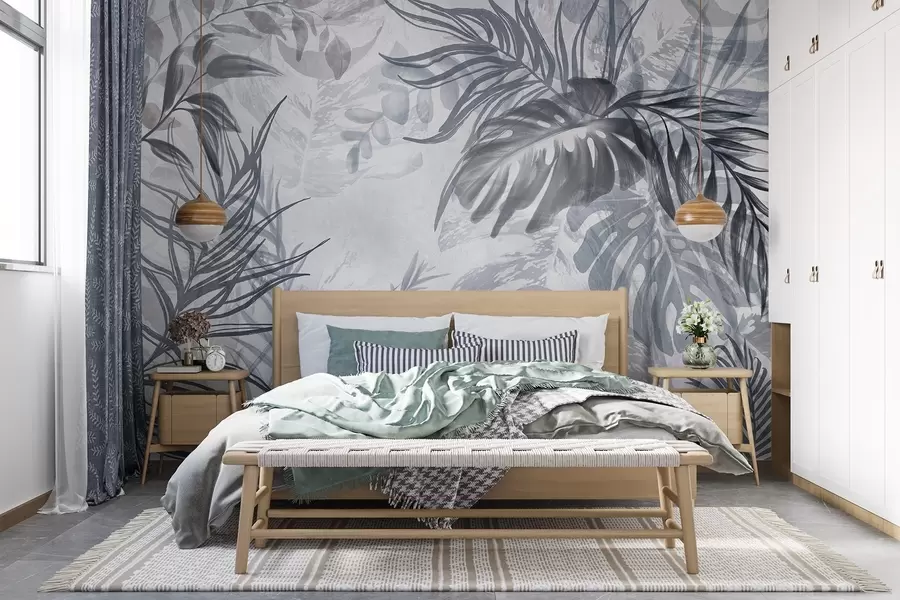 Fototapety Monstera a palmové listy v odtieňoch modrej a sivej, botanické, tropické lístie, rastliny džungle, textúrované pozadie w09011v1