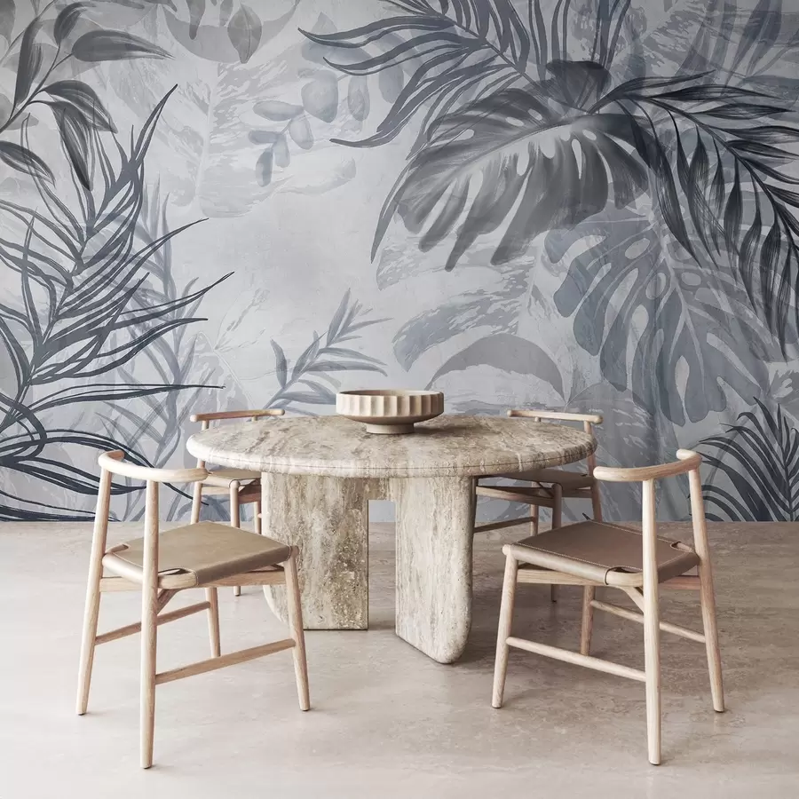 Fototapety Monstera a palmové listy v odtieňoch modrej a sivej, botanické, tropické lístie, rastliny džungle, textúrované pozadie w09011v1 - Uwalls.sk Fototapety Monstera a palmové listy v odtieňoch modrej a sivej, botanické, tropické lístie, rastliny džungle, textúrované pozadie w09011v1